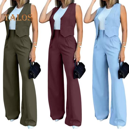 Dámské tílkové soupravy Kancelářské dámské společenské šaty dvoudílné sako bez rukávů vesta se zapínáním na knoflíky vesta s širokými nohavicemi letní pracovní oblečení