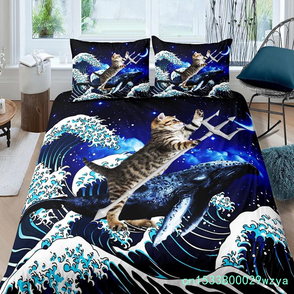 Katze Bettbezug Set Aquarell Wal Fischen Bettwäsche Set Ozean Meereswelle Bettdeckenbezug Marine Nautisch Themen Tagesdecke Bezug