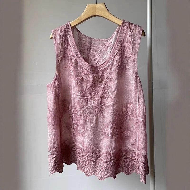 Summer Pure Cotton V-neck Single-breasted Hollow Vest Loose Sleeveless Cardigan with Vest Thin Large Size Top Women