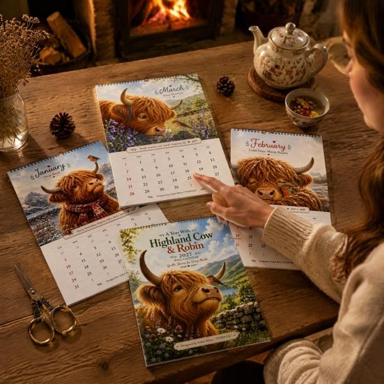 Holiday Gift for Her 2027 Highland Cow Wall Calendar, A4 Hanging Monthly Planner Home Personalized Lovers Office, Scottish Cattle Decorative Schedule