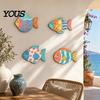 Decorative Wall Hanging Pieces 4PCS Aspen Wood Fish Decor, Colorful Seaside Bathroom Art Art, Beach Theme Plaques for Living Room Vintage Distressed