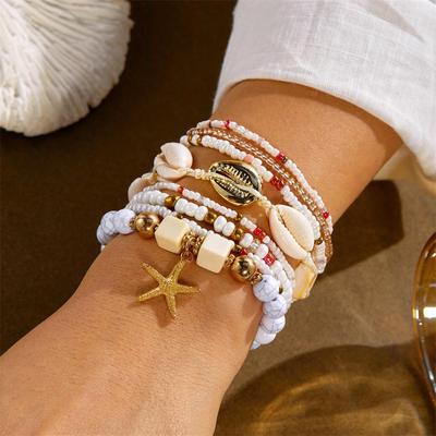 Bohemian Starfish & Shell Seed Bead Bracelet Set - Holiday Style 