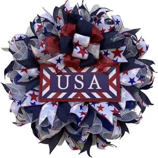 Patriotic Wreath for Front Door Handmade 4th of July Door Hanger Red White Blue American Wooden Hanging Plaque for Wall Porch Memorial Day Decor