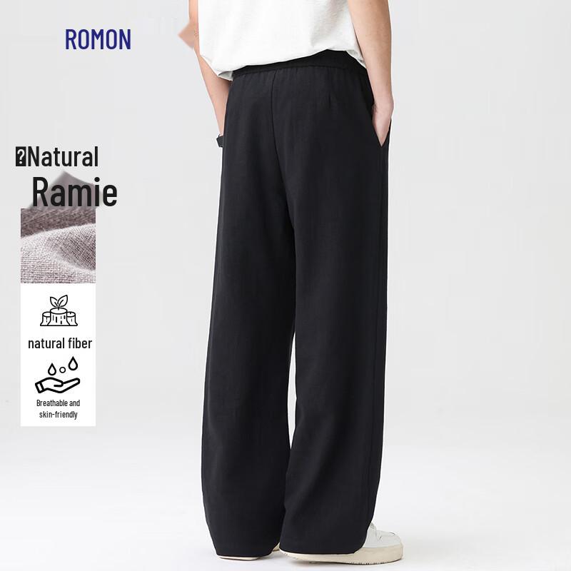 ROMON Unisex Cotton Linen Ramie Blend Loose Straight Leg Pants