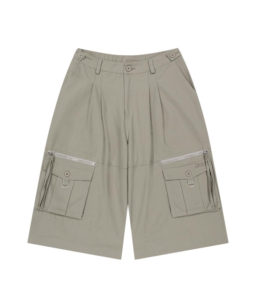 Aejeuyua Pintuck Stitch Bermuda Pants Khaki Beige