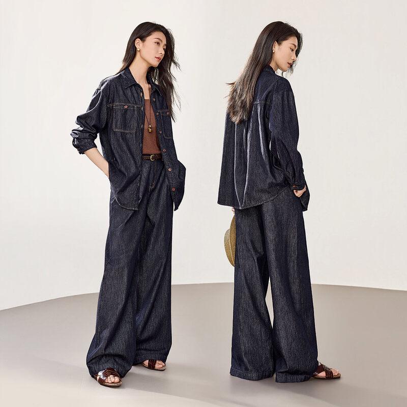IHIMI Women's Vintage Denim Shirt & Straight Pants Set