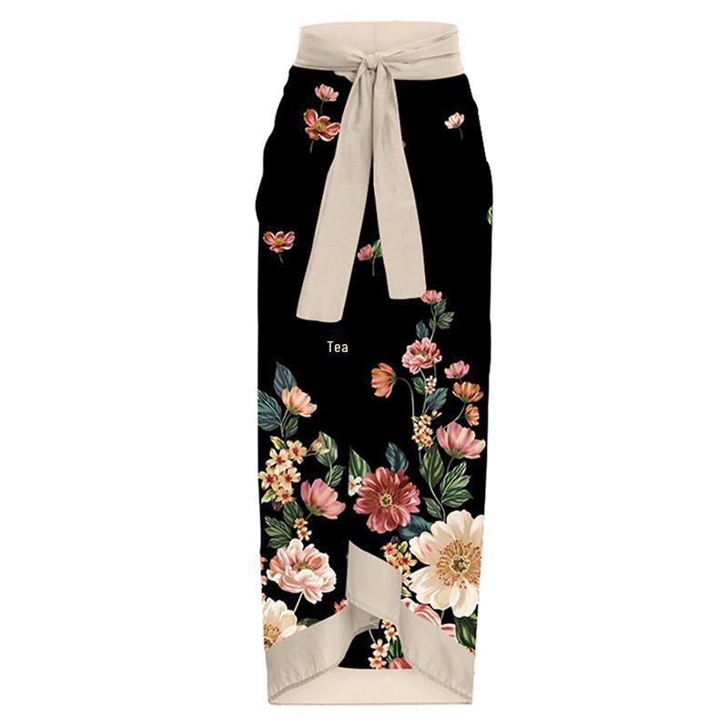 

Европейская и американская праздничная цветочная миди-юбка на завязках, пляжное платье для женщин One Size чёрный