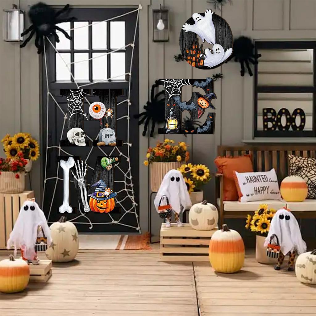 Spooky Halloween Wooden Door Hanger with Pumpkin and Ghost Design - Festive Hanging Decoration for Home Entryway