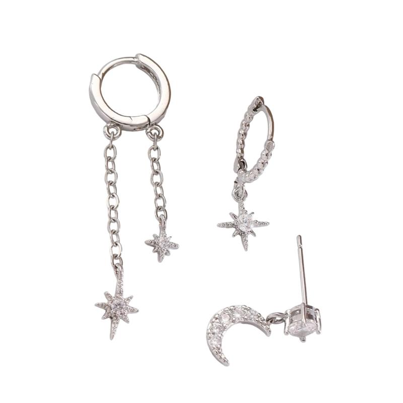 3Pcs Modern Star And Moon Earring Collection Uneven Plan Casual Fit Morning To Evening Accessories