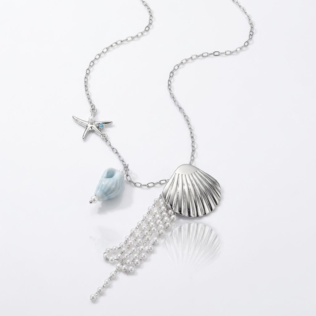 

Ocean Theme Conch Shell Pendant Necklace Simulated Pearl Tassel Long Sweater Chain Summer Beach Jewelry for Women