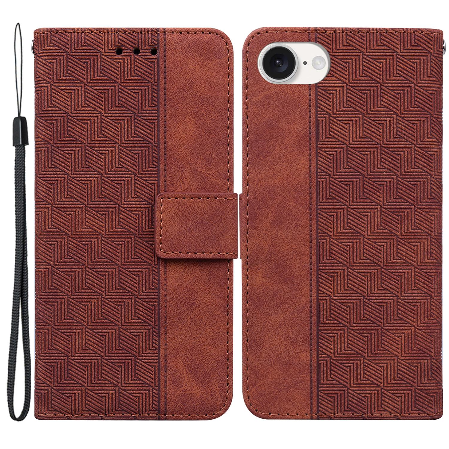 

For iPhone 16e Leather Wallet Case Geometry Imprint Phone Cover Brown