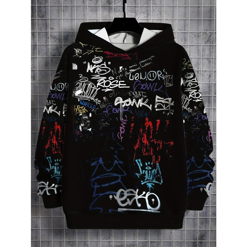 3D digital printing street graffiti style letter pattern hooded sweatshirt fashion trend casual children's clothing