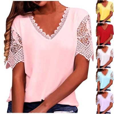 Women's Fashion Lace Patchwork Loose V-Neck Short Sleeve T-Shirt