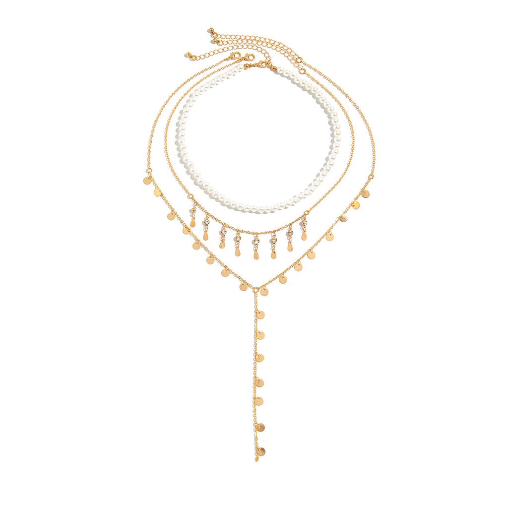 Sweet And Cool Imitation Pearl Beaded Collarbone Necklace, Fashionable Metal Disc Stacked With Chain Necklace For Women