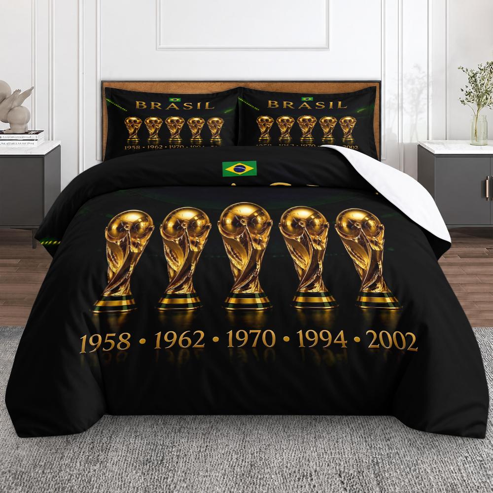 Brazil World Cup Champions Trophies 3 Piece Bedding Set, Five Golden Cup Soccer Duvet Cover for Selecao Fans