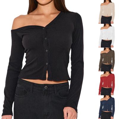 Women's Casual Fashion Off-shoulder Long Sleeve Button Knit Cardigan Slim Fit Top