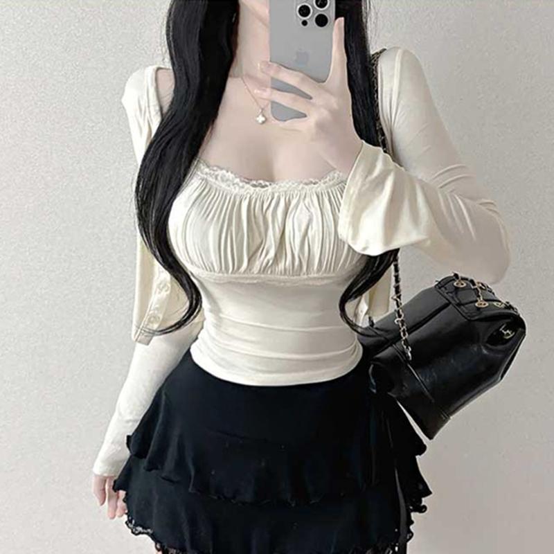 Korean Elegant Lace-Trim Camisole & Cardigan Set One Size кремовый