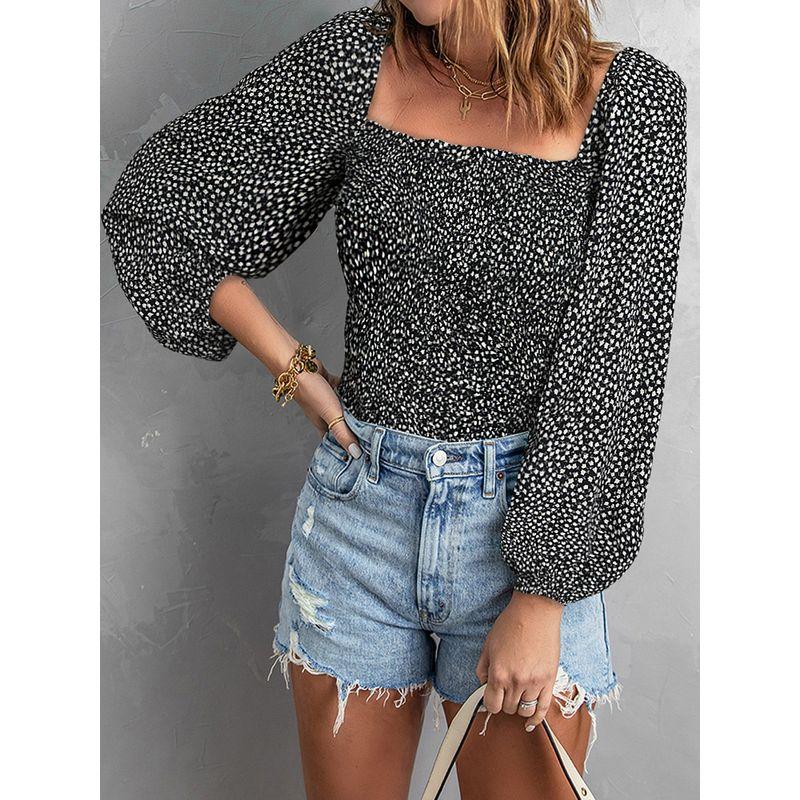 Slim Looking Square Collar Fashion Print Pullover Long Sleeves T-shirt