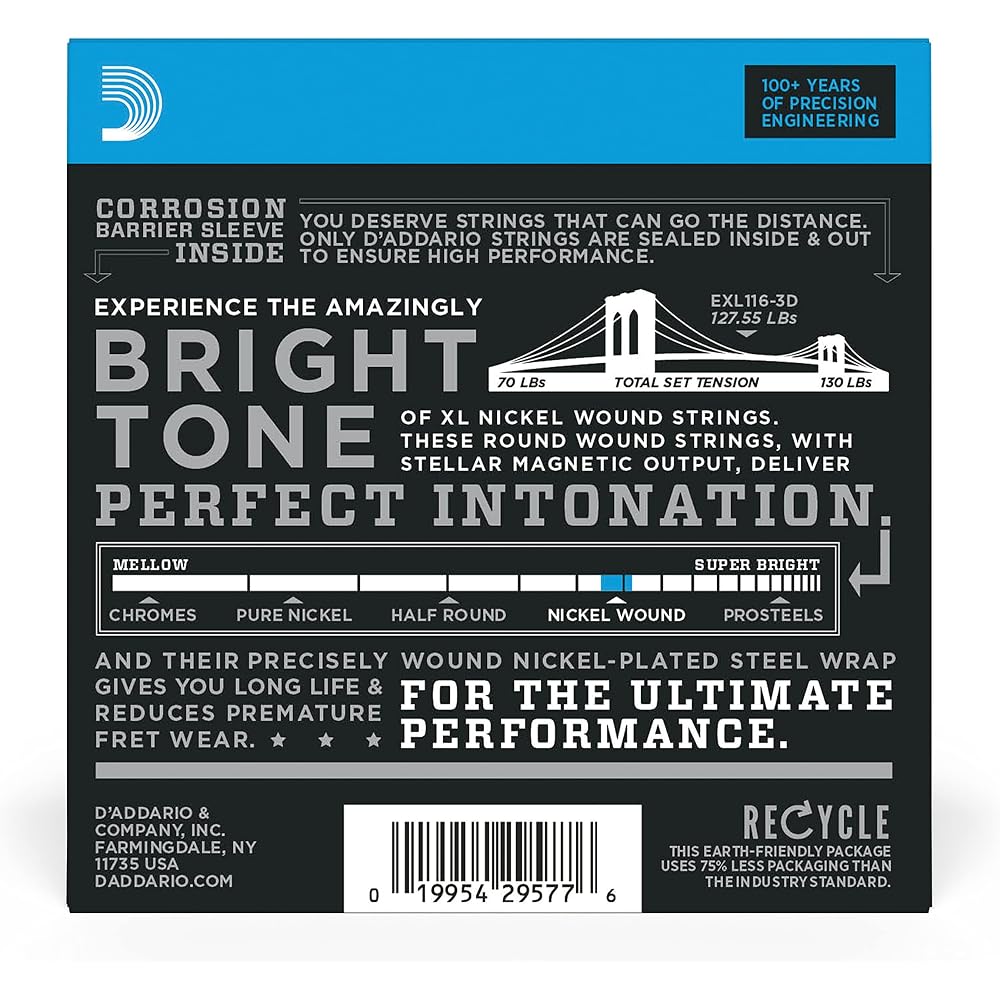 D'Addario XL Nickel Electric Guitar Strings .011-.052 Medium Top/Heavy Bottom 3-Pack EXL116-3D