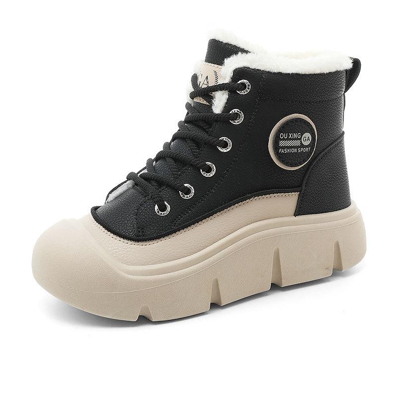 HY616 new winter waterproof sewing line women's short tube warm high-top simple velvet thick-soled cotton shoes