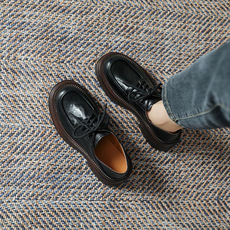 Platform small leather shoes women's British style 2025 spring and summer new single shoes round head thick heel sweet cool girls lace-up loafers