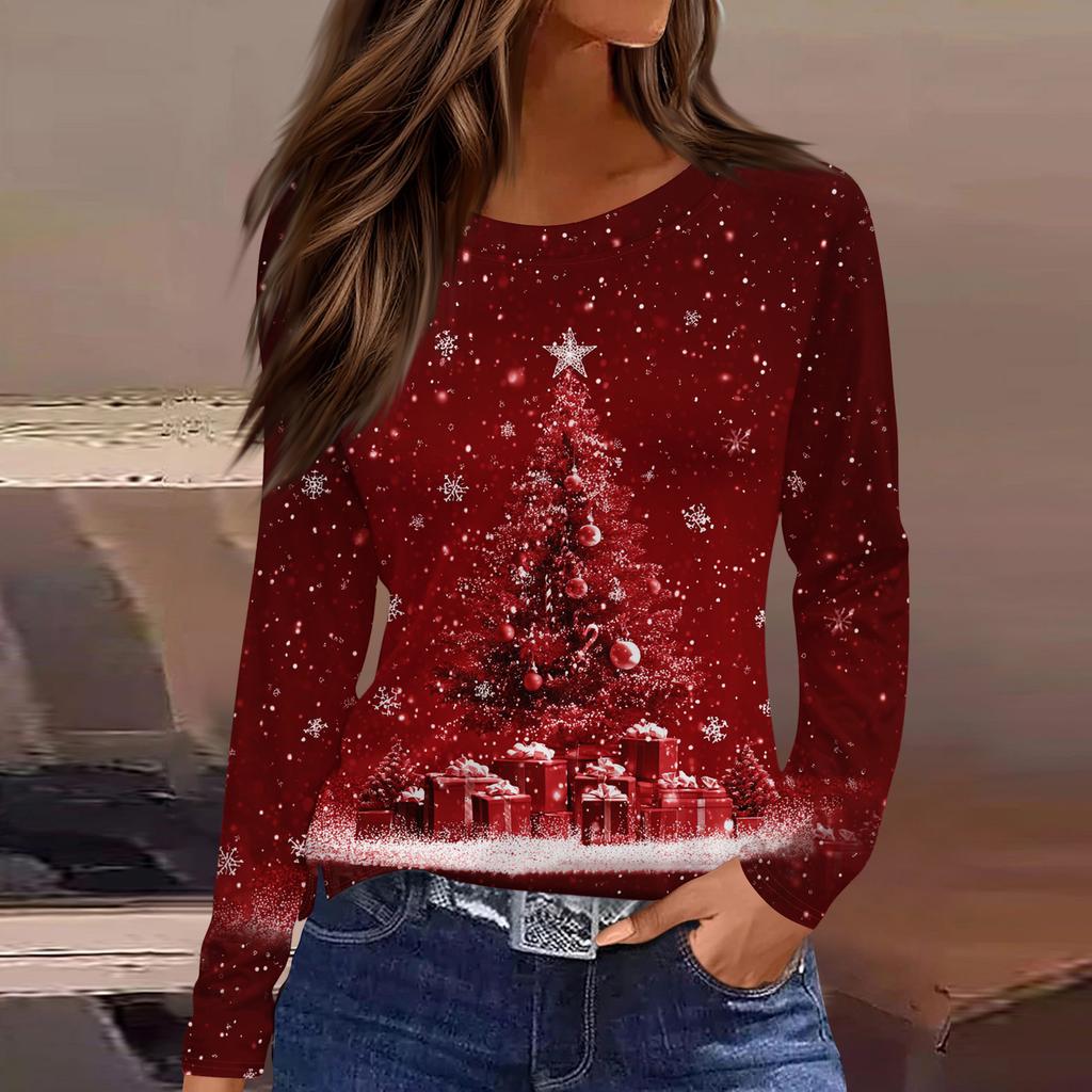 Women's Fashion Casual Slit Hem Round Neck Long Sleeve Loose Christmas Printed T-Shirt Ladies Top