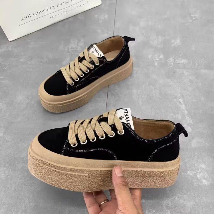 Black platform canvas shoes women's spring 2025 new versatile round head Internet celebrity muffin heightening casual shoes