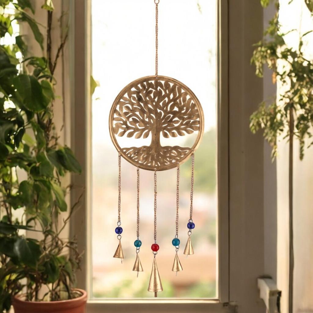 Großes 20-Zoll-Goldener Lebensbaum-Windspiel mit Glocken, Spirituelle Boho-Gartendekoration für eine beruhigende Außenatmosphäre und Zen-Meditationsräume