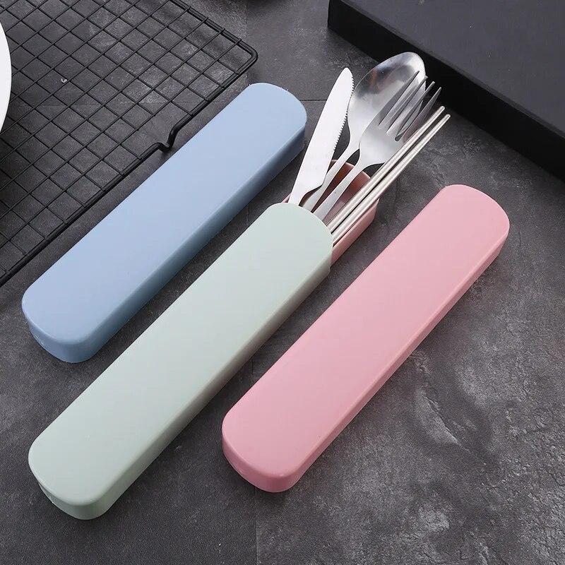 3PCS Cutlery Set Place Setting Dinnerware Tableware Stainless Steel Spoon Fork Chopsticks Kit with Case