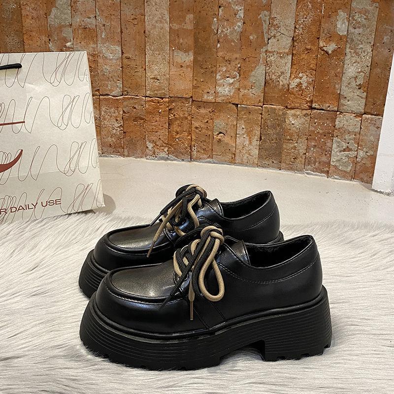 Lace-up black small leather shoes women's autumn 2025 new versatile thick-soled heightening British style thick-heeled retro single shoes