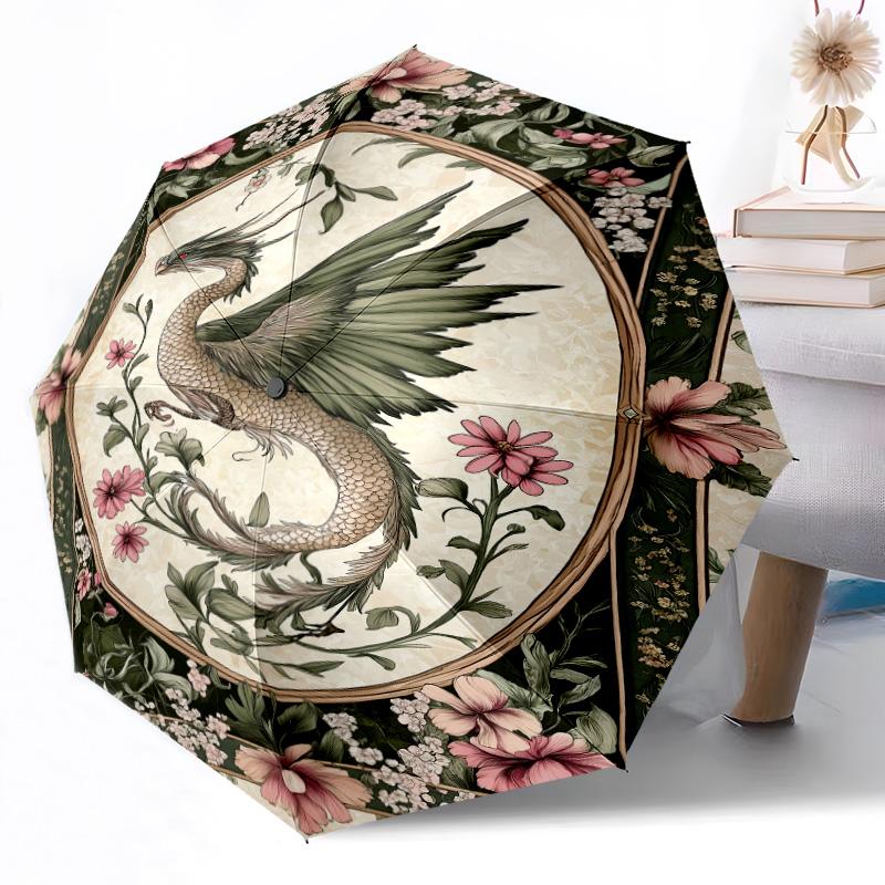 Dragon amidst floral splendor Outdoor Automatic Umbrella Sturdy 8 Rib Durable Plastic Iron Outdoor Daily Use Outdoor Accessory Perfect Gift Friends