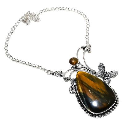 Natural Tiger Eye Gemstone Handmade 925 Sterling Silver Necklace 18" Y0m22