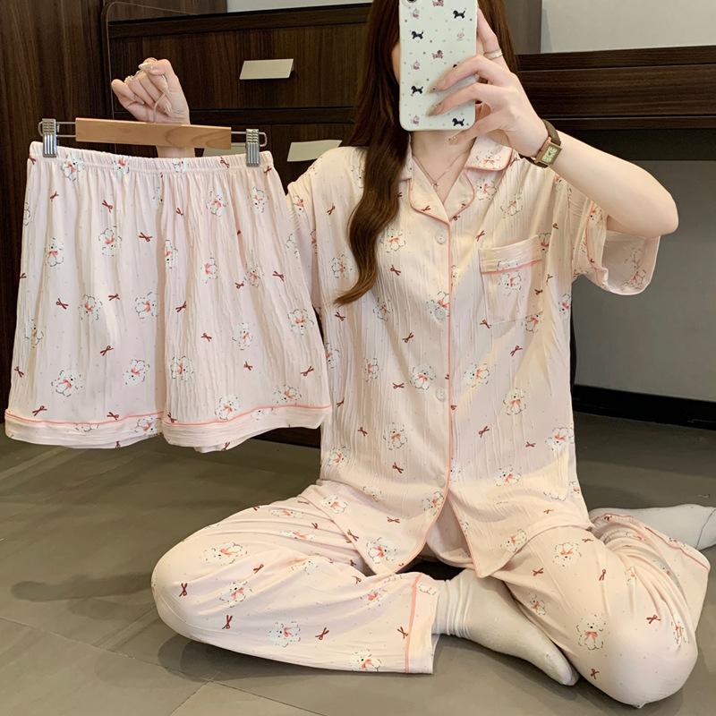 Niche Cute Style Cartoon Pajamas Women'S Summer Thin Student Short-Sleeved Three-Piece Loose Spring And Summer Loungewear