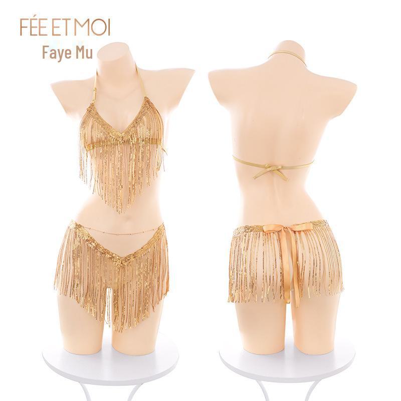 Feimu Tänzeranzug mit Paillettenquaste und offenem Schritt – sexy Dessous mit Dekolleté und Hüftdesign