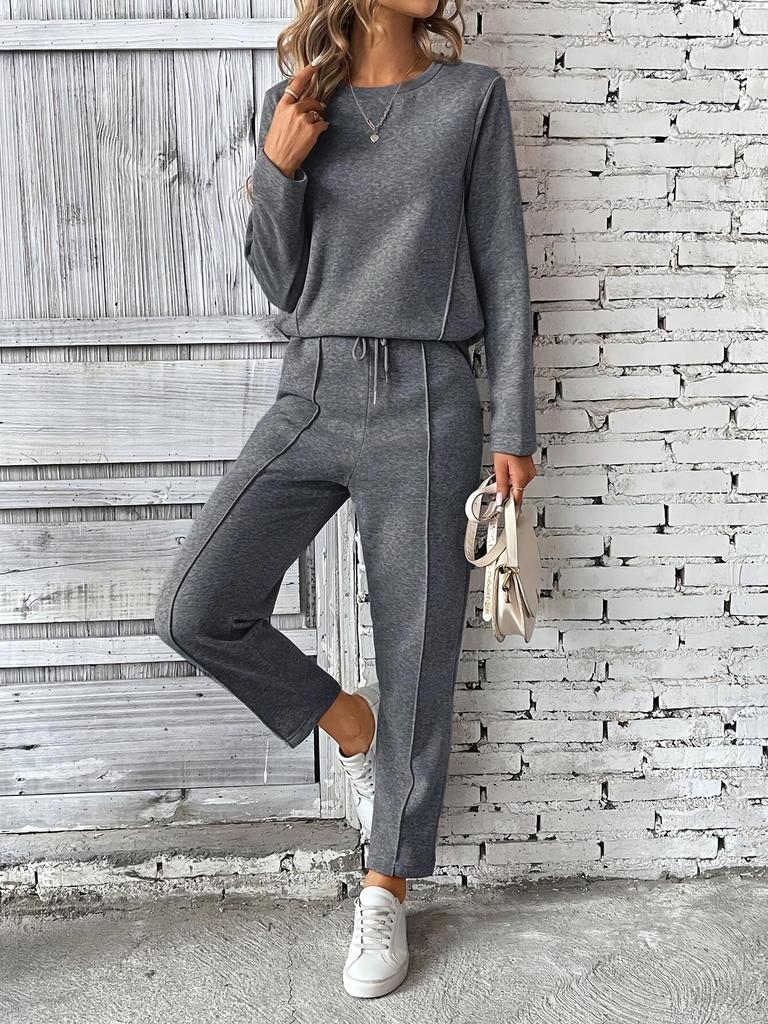 New Women's Fleece Sweatshirt & Pocket Pants Set - Round Neck, Fashionable & Simple Style, Casual Straight Leg Design (2025).