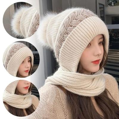 Hat Scarf All-in-one  Winter Thickened Warm Double Warm Padded Windproof Comfortable Warm Knitted Hat Fits Women