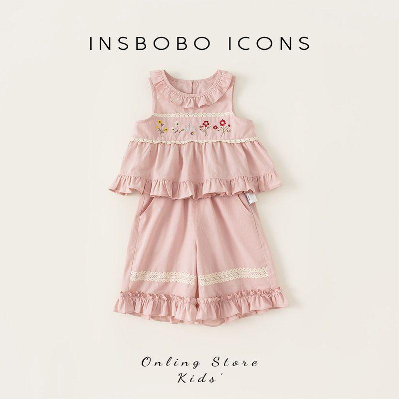 Insbobo Girl Summer Sleeveless Suit Kids Bell-Bottom Pants New Arrival Vest Sweet Lace Western Style Two-Piece Suit Pink 80