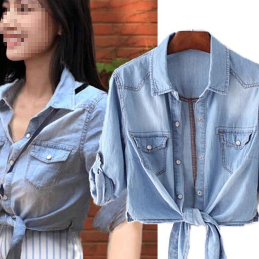 Camicia di Jeans Casual da Donna con Stampa 3D e Colletto Polo per la Moda Primaverile