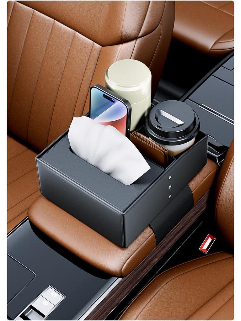 High-End Multifunctional Car Console Storage & Cup Holder with Tissue Box