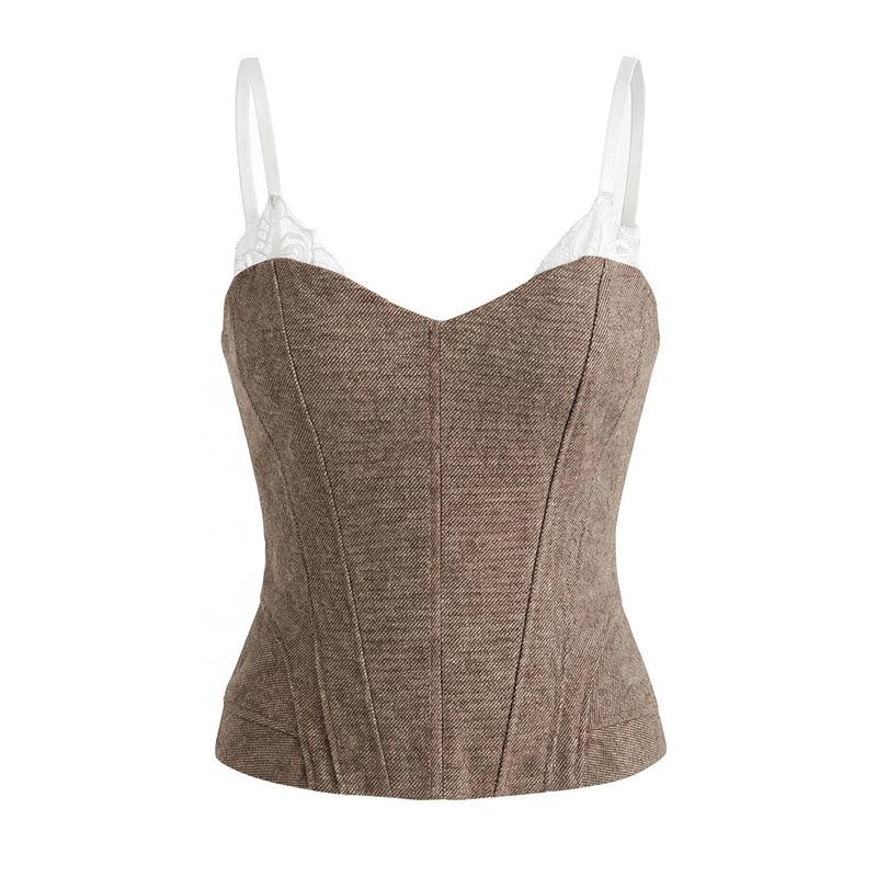 

Retro Spicy Girl Off-Shoulder Fishbone Camisole: Women s Strapless Waist-Cinching Spliced Two-Piece Vest Large хаки