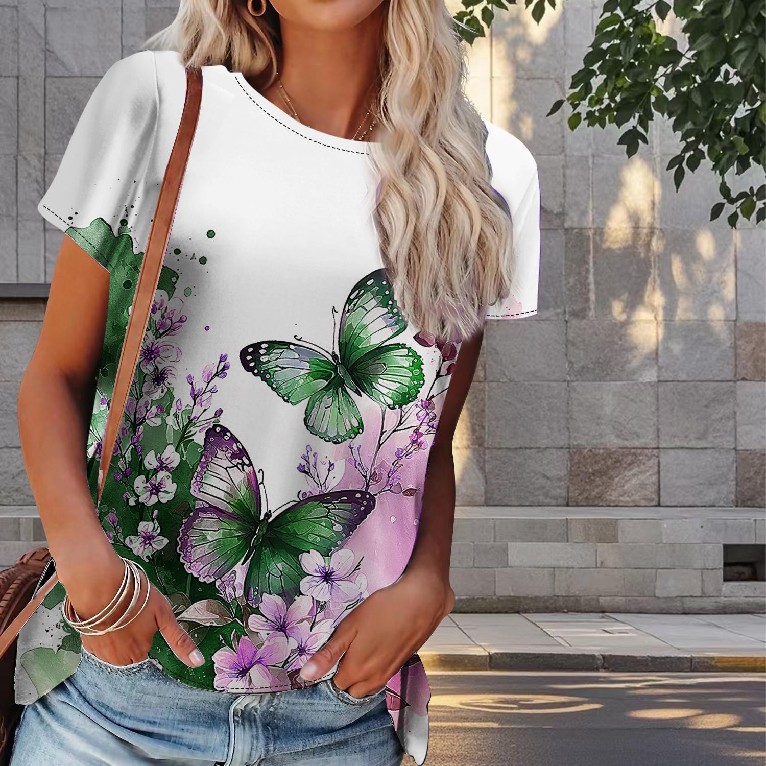 

Женская летняя футболка с принтом бабочек в стиле ретро, футболки с коротким рукавом, повседневные топы с принтом 6XL зелёный