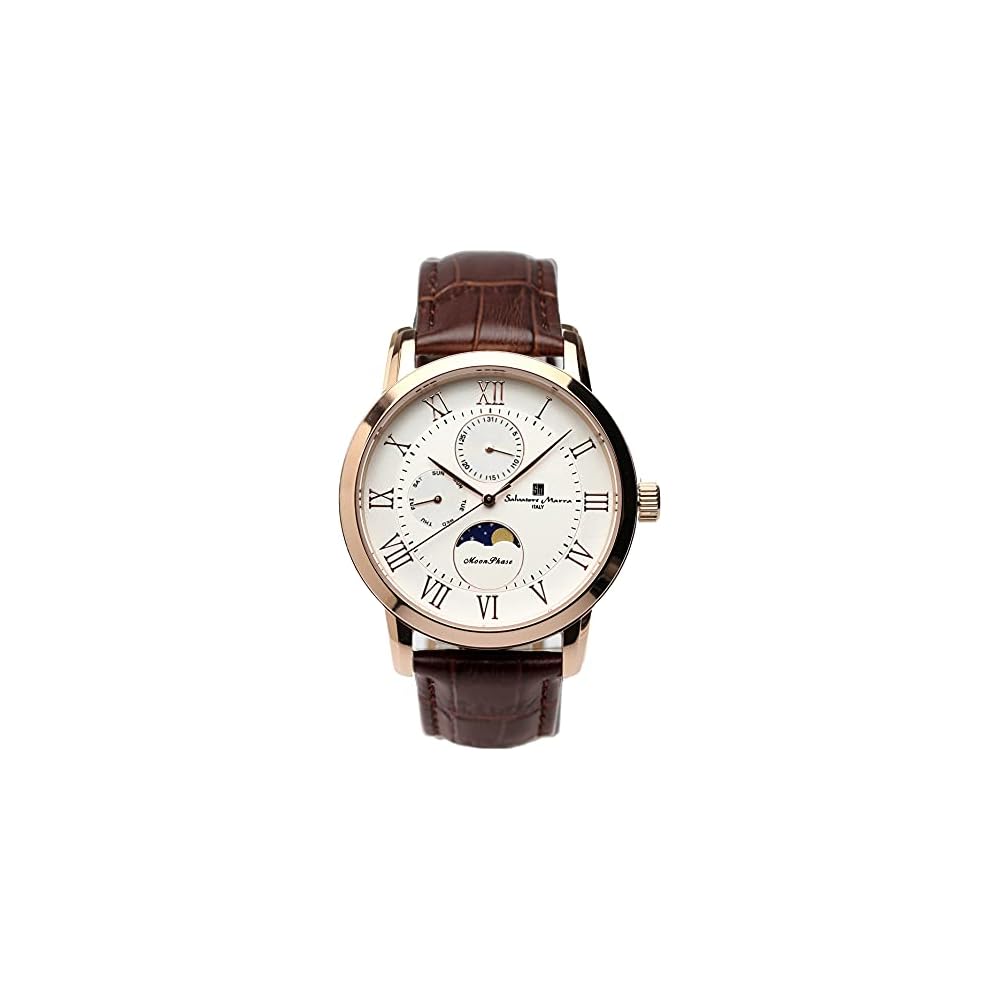 Salvatore Mara Moon Phase Multi-Calendar Men s Watch 5ATM Water Resistant Leather Strap Pink Gold White