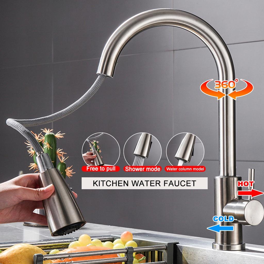 Rotatable Silver Stainless Steel Pull Out Type Faucet Sink Kitchen Water Mixer Taps Cold And Hot Water Head Nozzle New