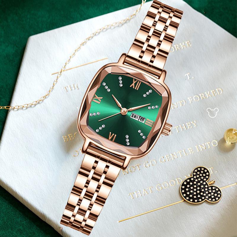 Uhr Elegant Vintage Schlichter Stil Quarz Wasserdicht Armband Armband Strass Steine Zifferblatt Armbanduhr Für Damen Grün