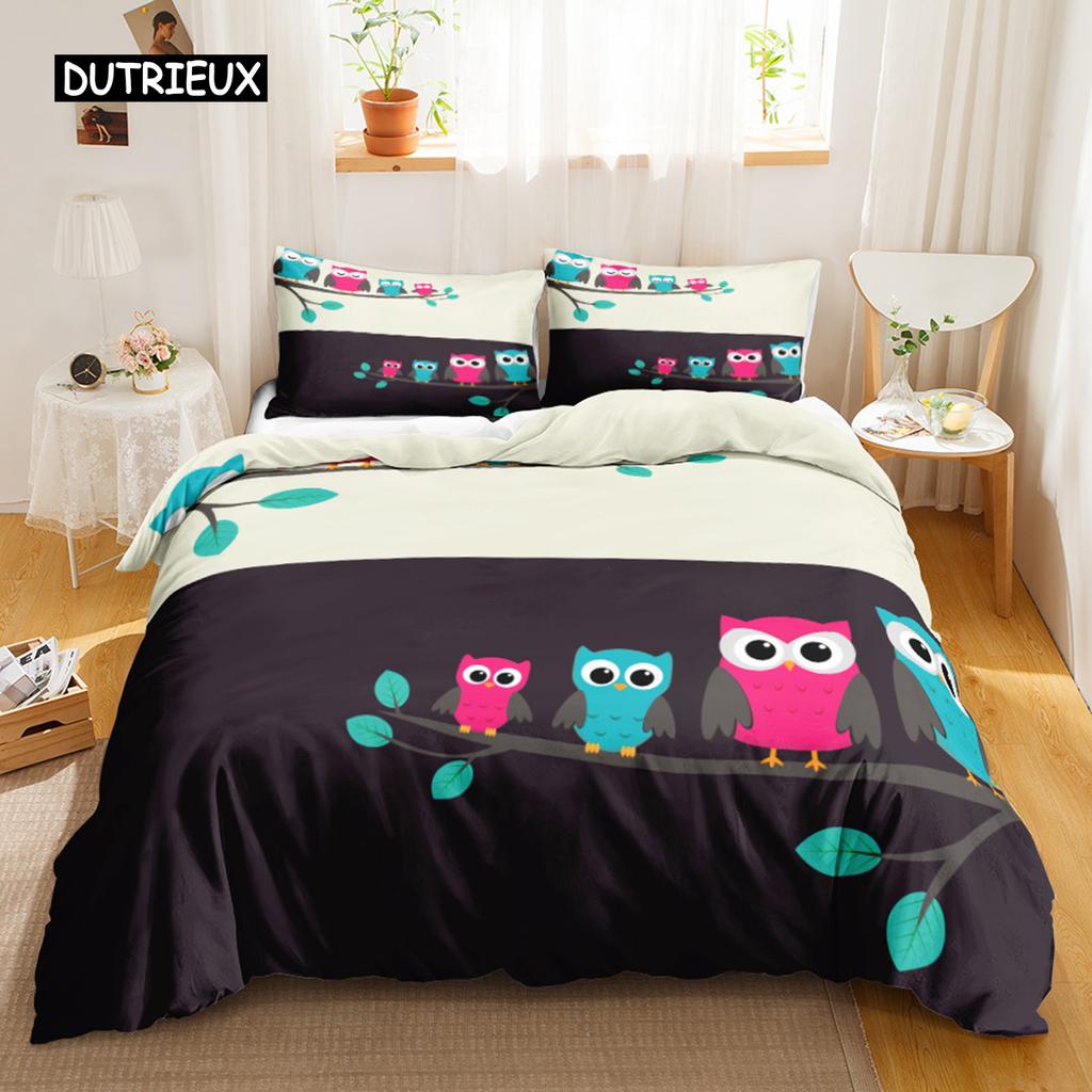 Owl Duvet Cover Set Cartoon Comforter Cover Happy Birthday Theme Bedding Set Cute Bird Polyester Quilt Cover Twin Size for Kids