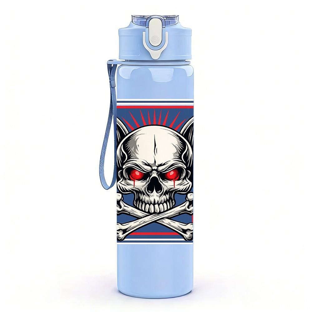 1PC Skull Mask Helmet Biker Theme Print 750ml Color Plastic Sports Water Bottle Leakproof Flip Straw Lid Suitable for Sports Office Home Use