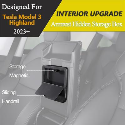 Center Console Hidden Storage Box for Tesla Model 3 Highland 2025 2025-2026 Privacy Organizer Armrest Insert Tray Accessories