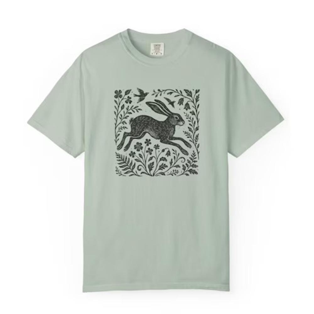 Vintage Wild Hare Linoprint Shirt Witchy Folk Art Forest Animal Naturecore Tee Dark Academia Unisex Y2K Casual Shirt Streetwear