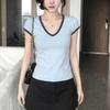 South East Asia New Blue and Grey V-Neck Short Sleeve T-Shirt Women's Summer Dopamine Sweet Spice Slim Top