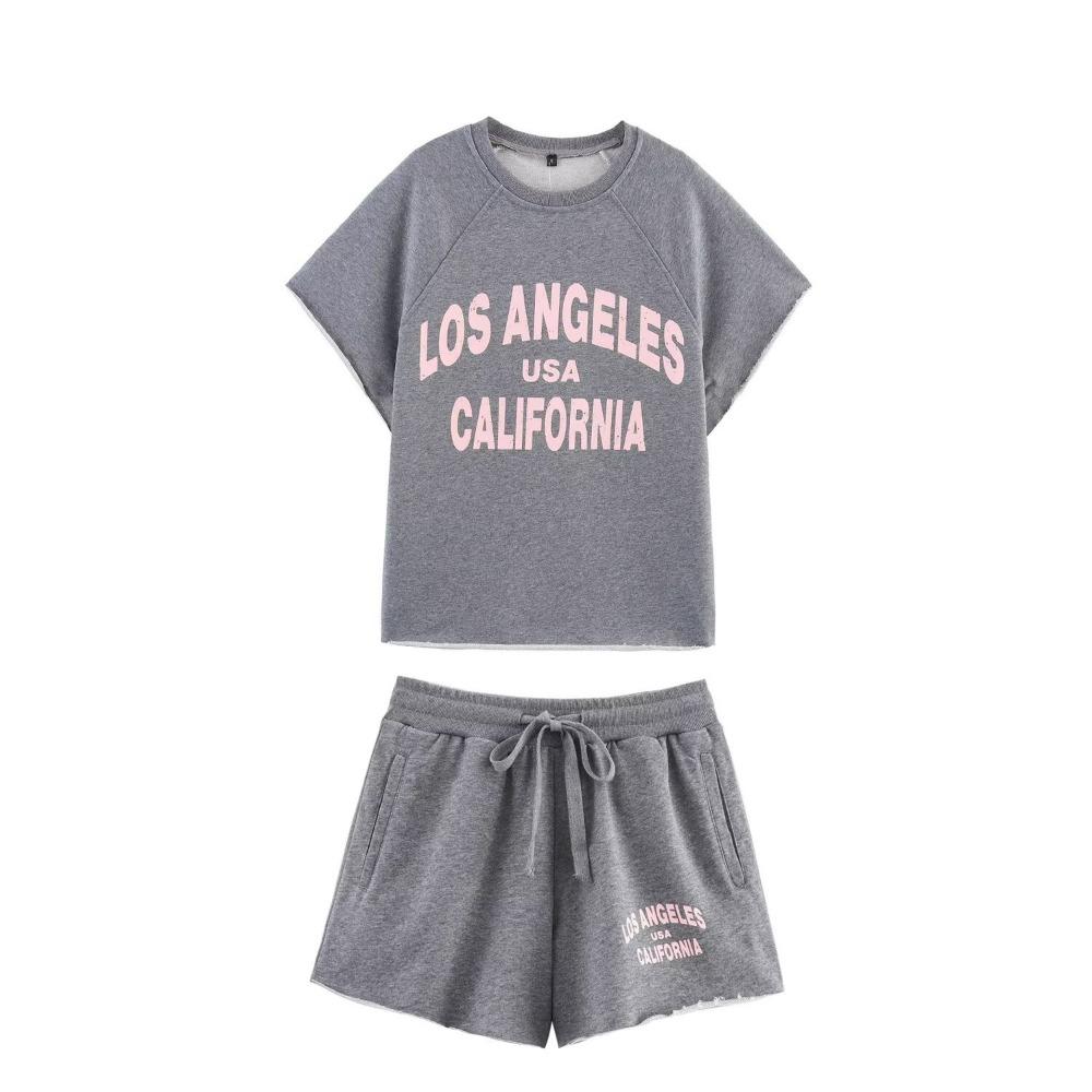 

Washed Effect Text 2 Pieces Summer Sets for Women Vacation Relaxtion Text Plush Sweatshirt Matching Tonal Drawstring Sweatshorts L